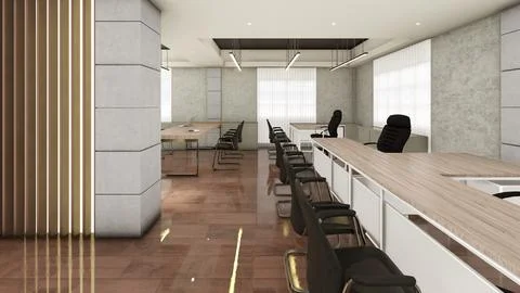 Interior design of office space with false ceiling and wood panels 3d visua.. Stock Illustration