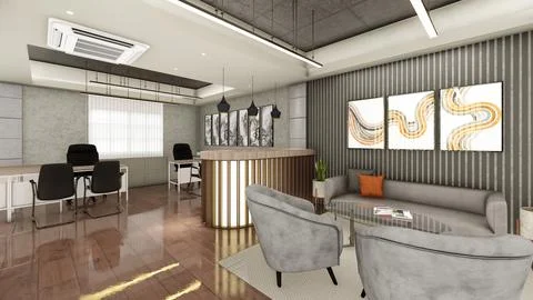 Interior design of office space with false ceiling and wood panels 3d visua.. Stock Illustration