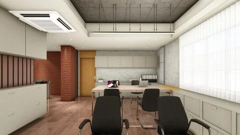 Interior design of office space with false ceiling and wood panels 3d visua.. Stock Illustration