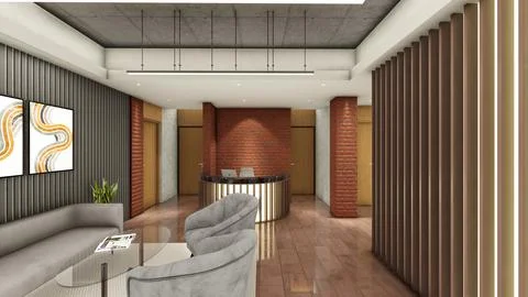 Interior design of office space with false ceiling and wood panels 3d visua.. Stock Illustration