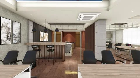 Interior design of office space with false ceiling and wood panels 3d visua.. Stock Illustration