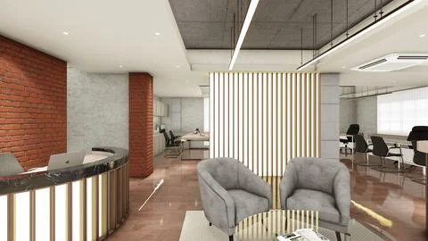 Interior design of office space with false ceiling and wood panels 3d visua.. Illustrazione stock