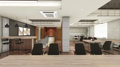Interior design of office space with false ceiling and wood panels 3d visua.. Illustrazione stock