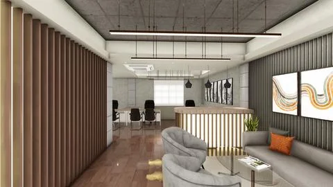 Interior design of office space with false ceiling and wood panels 3d visua.. Illustrazione stock