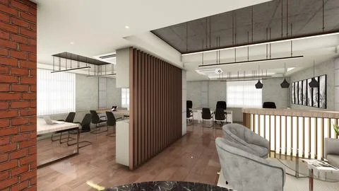 Interior design of office space with false ceiling and wood panels 3d visua.. Stock Illustration