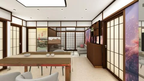 Interior Design of one point perspective of Japanese style dining and livin.. Stock Illustration