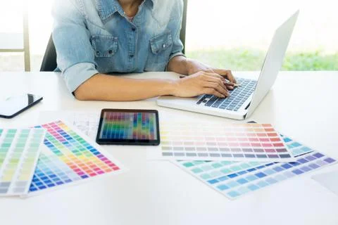 Interior design or graphic designer renovation and technology concept - woman Stock Photos