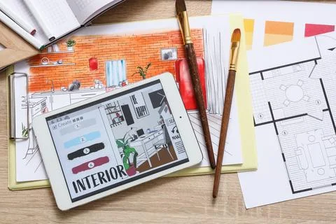 Interior design planning with a digital tablet displaying color palettes and  Fotos de archivo