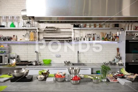 Interior design of professional kitchen Stock Photos