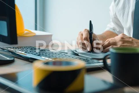 Interior design professional working on graphic tablet sketch pad Stock Photos