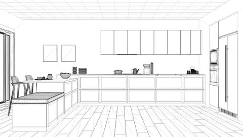 Interior design project, black and white ink sketch, architecture blueprint s Stock Illustration