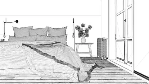 Interior design project, black and white ink sketch, architecture blueprint s Stock Illustration