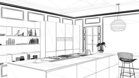 Interior design project, black and white ink sketch, architecture blueprint s Stock Illustration