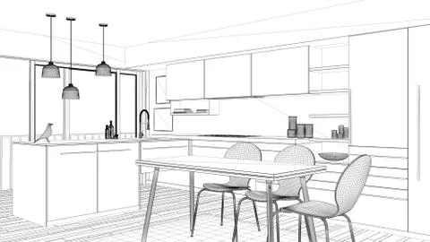 Interior design project, black and white ink sketch, architecture blueprint s Stock Illustration