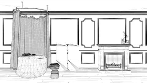 Interior design project, black and white ink sketch, architecture blueprint s Stock Illustration