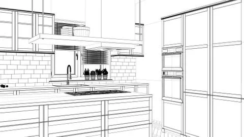 Interior design project, black and white ink sketch, architecture blueprint s Stock Illustration