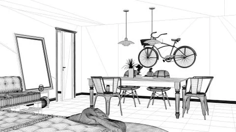Interior design project, black and white ink sketch, architecture blueprint s Stock Illustration