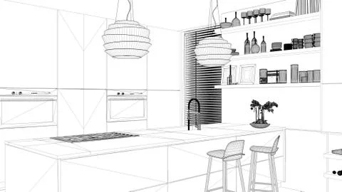 Interior design project, black and white ink sketch, architecture blueprint s Stock Illustration