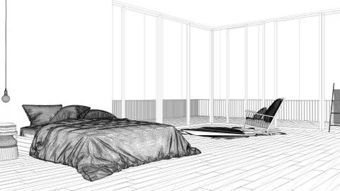 Interior design project, black and white ink sketch, architecture blueprint s Stock Illustration