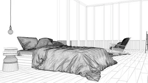 Interior design project, black and white ink sketch, architecture blueprint s Stock Illustration