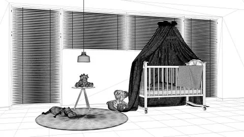Interior design project, black and white ink sketch, architecture blueprint s Stock Illustration