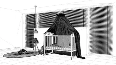 Interior design project, black and white ink sketch, architecture blueprint s Illustrazione stock