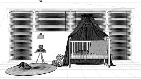 Interior design project, black and white ink sketch, architecture blueprint s Stock Illustration