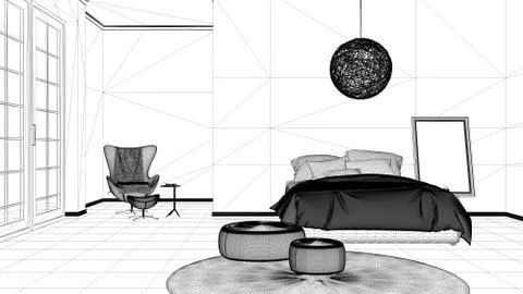 Interior design project, black and white ink sketch, architecture blueprint s Stock Illustration