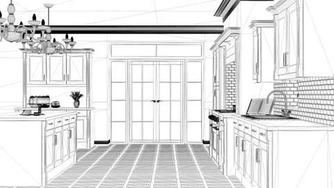 Interior design project, black and white ink sketch, architecture blueprint s Stock Illustration