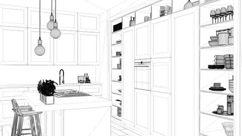 Interior design project, black and white ink sketch, architecture blueprint s Stock Illustration