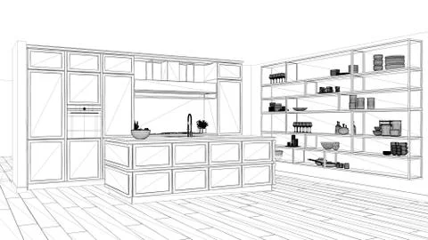Interior design project, black and white ink sketch, architecture blueprint s Stock Illustration