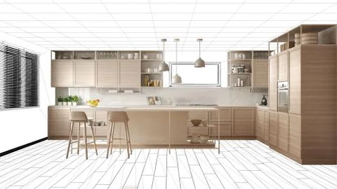 Interior design project draft, work in progress concept idea, real modern whi Illustrazione stock