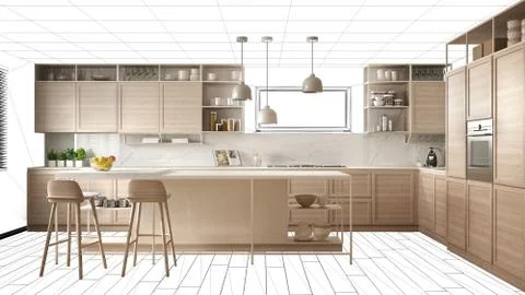 Interior design project draft, work in progress concept idea, real modern whi Stock Illustration