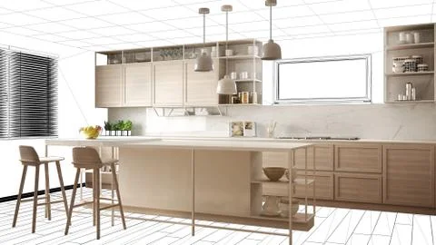 Interior design project draft, work in progress concept idea, real modern whi Illustrazione stock