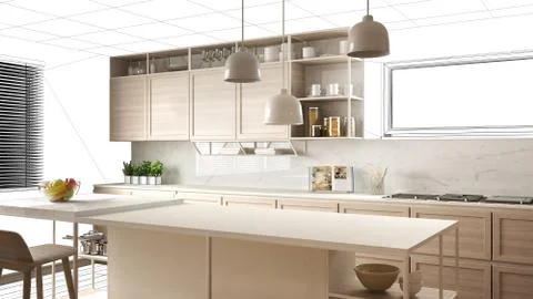 Interior design project draft, work in progress concept idea, real modern whi Illustrazione stock