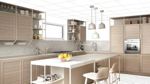 Interior design project draft, work in progress concept idea, real modern whi Stock Illustration