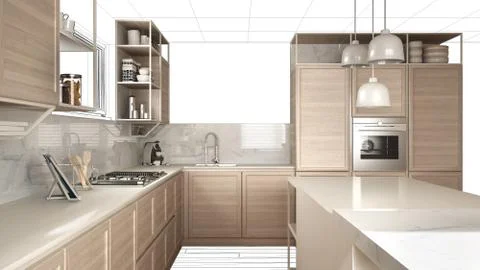Interior design project draft, work in progress concept idea, real modern whi 스톡 일러스트