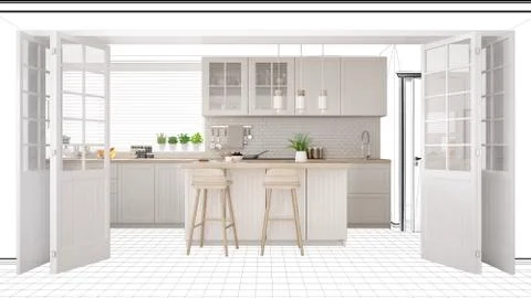 Interior design project draft, work in progress concept idea, real modern whi Illustrazione stock