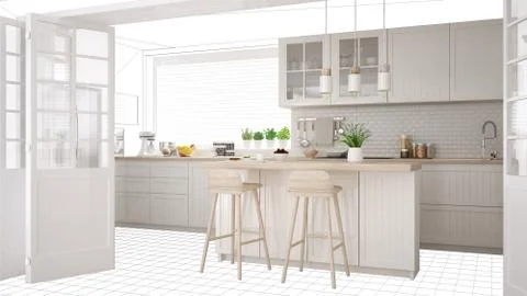 Interior design project draft, work in progress concept idea, real modern whi Stock Illustration