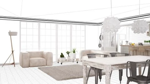 Interior design project draft, work in progress concept idea, real modern whi Stock Illustration