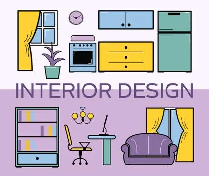 Interior design room flat style set vector illustration. Living room with Illustrazione stock