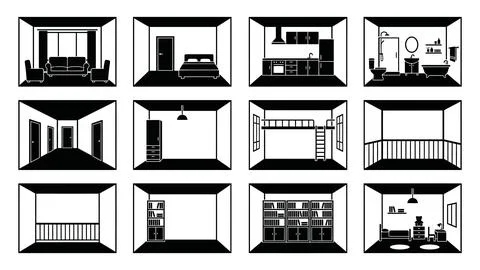 Interior design room icons set for home architecture and real estate. Stock Illustration