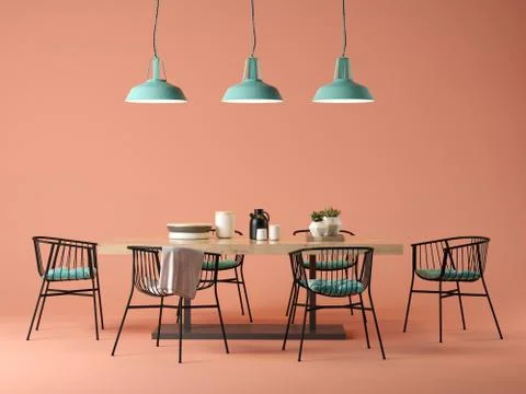 Interior design room with table and chairs concept 3D illustration Stock Illustration