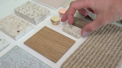 Interior design sample on a neutral contemporary materials board Video stock 277975026