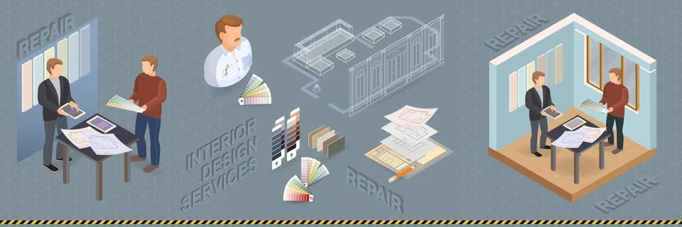 Interior design services. Isometric project and repairs concept. Designer, sa Illustrazione stock