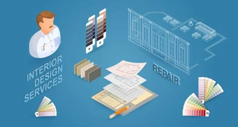 Interior design services. Isometric Vector flat 3d illustration. Stock Illustration