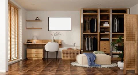 Interior design showcasing modern wellness workspace with natural elements. 3D Illustrazione stock