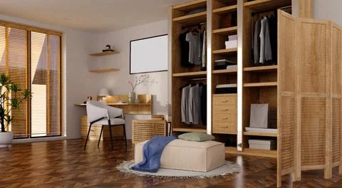 Interior design showcasing modern wellness workspace with natural elements. 3D Illustrazione stock