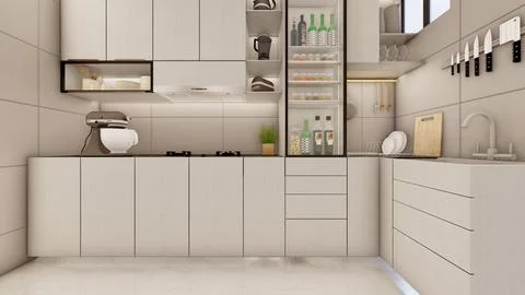 Interior design of small compact kitchen with false ceiling 3d visualization Stock Illustration