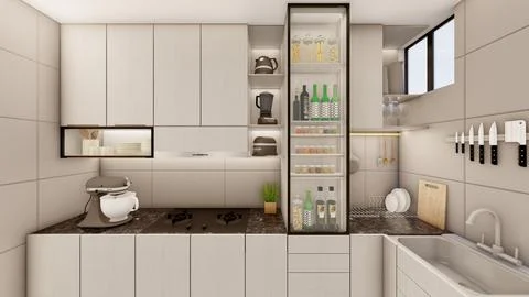 Interior design of small compact kitchen with false ceiling 3d visualization Stock Illustration